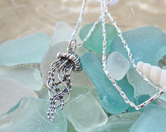 Sterling Silver Jellyfish Necklace. Jellyfish Jewelry, Ocean Jewelry, Beach Jewelry, Waterproof Jewelry, Sea Lover Gift, CHAIN CHOICES