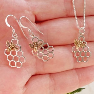 Tiny Sterling Silver Honeycomb Bee Necklace, Earrings or Set. Bee Jewelry, Silver Bee, Bee Charm, Honeycomb Jewlery Necklace + Earrings