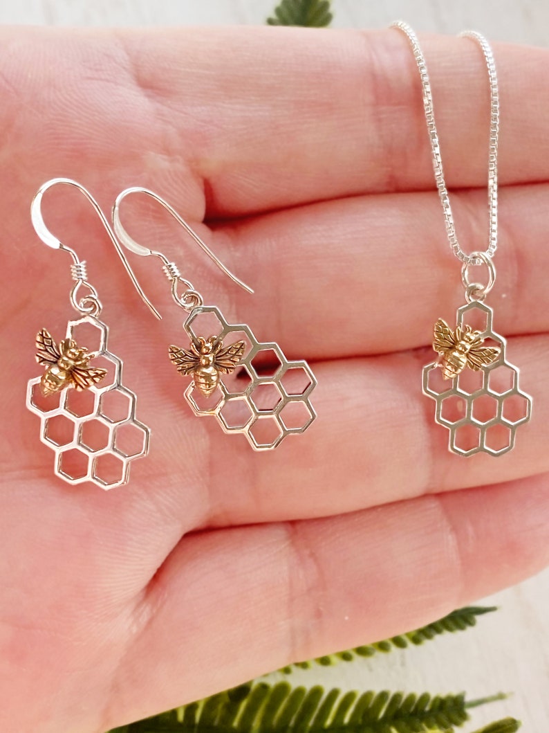 Tiny Sterling Silver Honeycomb Bee Necklace, Earrings or Set. Bee Jewelry, Silver Bee, Bee Charm, Honeycomb Jewlery Necklace + Earrings
