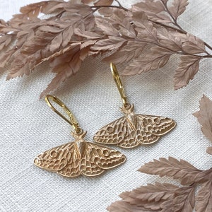 Gold Moth Lever Back Earrings. Insect Jewelry, Moth Jewelry, Nature Jewelry, Dark Academia Jewelry