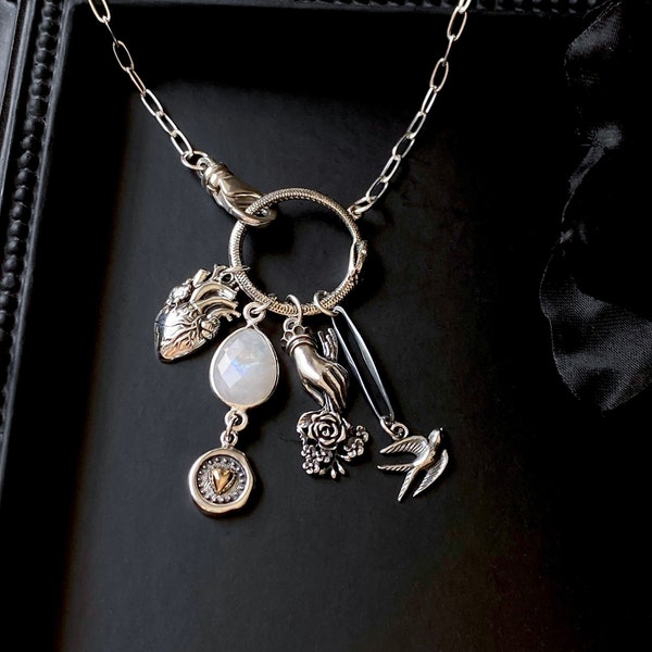 Sterling Silver Charm Necklace: Gothic Moonstone, Anatomical Heart, Swallow - LIMITED EDITION