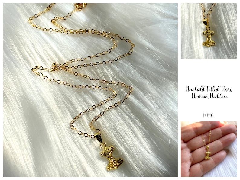 May include: Gold filled Thor's hammer necklace with a delicate chain. The pendant is a detailed replica of the Norse god's hammer, Mjolnir.