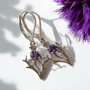 Sterling Silver Scottish Thistle and Amethyst Lever Back Earrings. Earring Choices, Flower of Scotland, Scottish Jewelry, Waterproof Jewelry