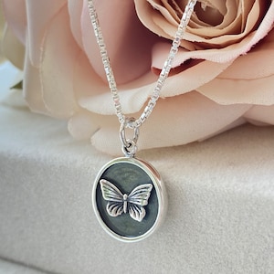Sterling Silver Butterfly Coin Necklace. Engraveable Necklace, Bug Jewelry, Waterproof Jewelry, Rebirth Jewelry, Gift for her, Mothers Gift.