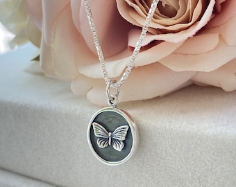 Sterling Silver Butterfly Coin Necklace: Engraveable Bug Jewelry