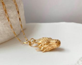 14kt Gold Filled Dragon Head Necklace: Bronze Medieval Jewelry