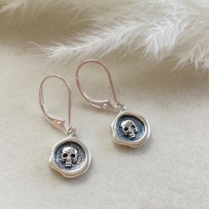 Sterling Silver Tiny Skull Wax Seal Earrings: Gothic Memento Mori Jewelry