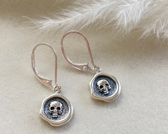 Sterling Silver Tiny Skull Wax Seal Earrings: Gothic Memento Mori Jewelry