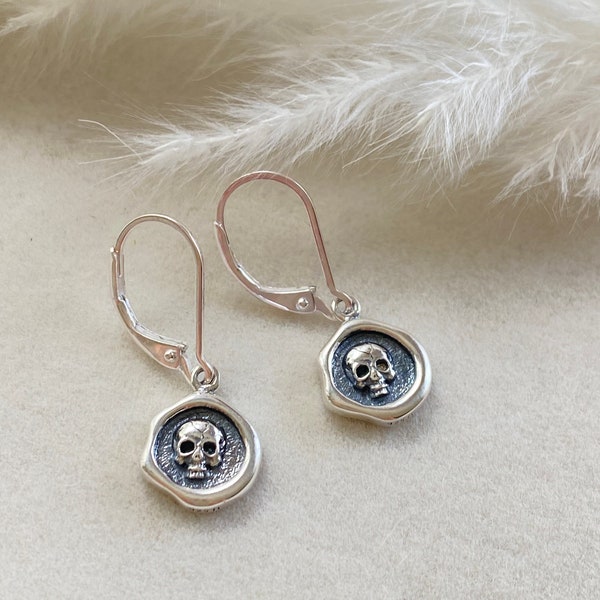 Sterling Silver Tiny Skull Wax Seal Earrings, Skull Jewelry, Wax Seal Jewelry, Gothic Earrings, Mortality Earrings, Memento Mori Jewelry