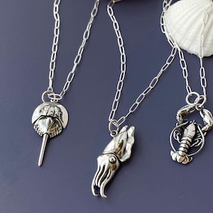Sterling Silver Sea Creature Necklace: Lobster, Cuttlefish, Horseshoe Crab
