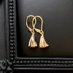 May include: A pair of gold-tone ghost-shaped dangle earrings with black accents. The earrings have a hook closure.