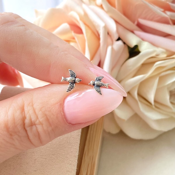 Sterling Silver Tiny Little Sparrow Stud Earrings. Bird Earrings, Perseverance Jewelry, Bird Lovers Jewelry,Bluebird Earrings
