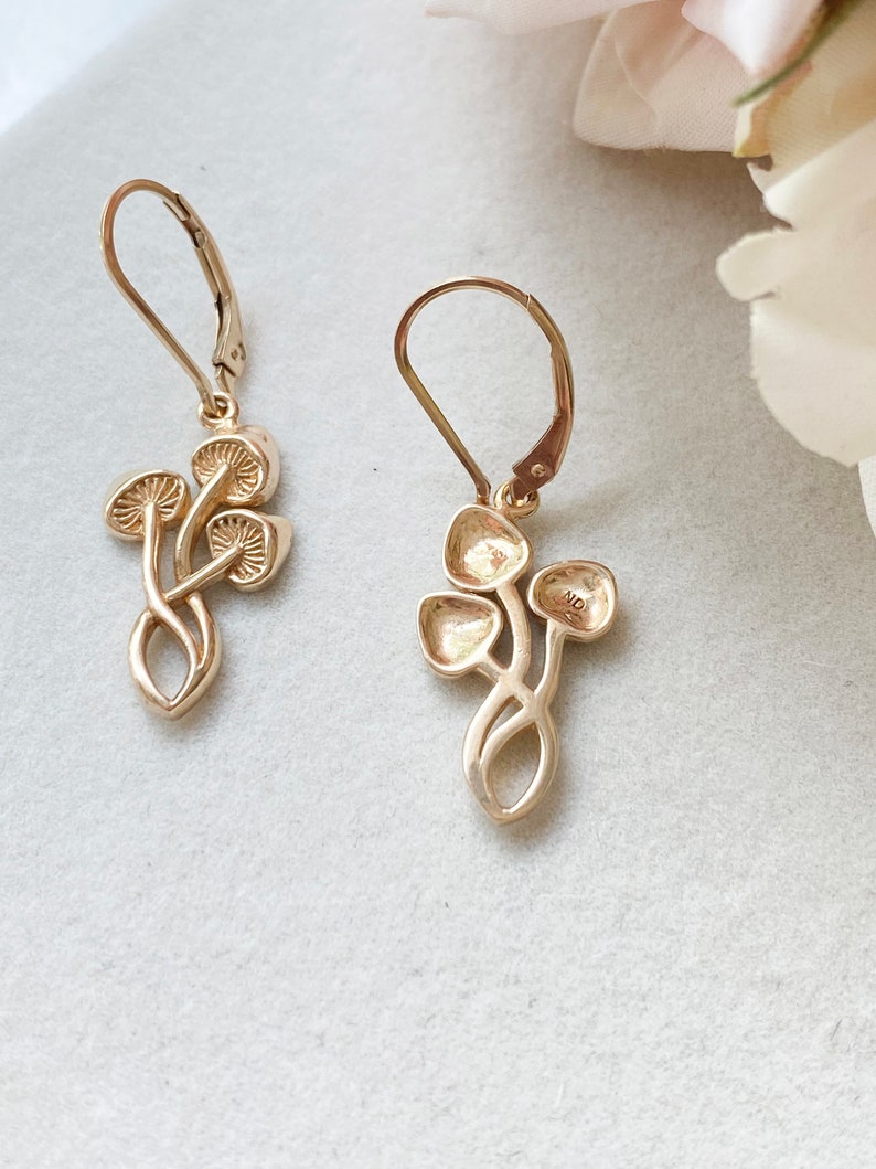 Gold or Sterling Silver Mushroom Earrings. Fungi Jewelry, Mushroom Jewelry, Vitality Jewelry, Cottagecore Earrings image 3