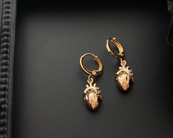 Gold Filled Anatomical Heart Hoop Earrings: Bronze Heart Jewelry