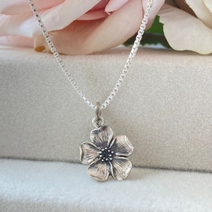 Sterling Silver Cherry Blossom Necklace. Blossom Jewelry, Gift for her, Cherry Jewelry, Waterproof Jewelry, Cherry Blossom, Heart Necklace. image 1