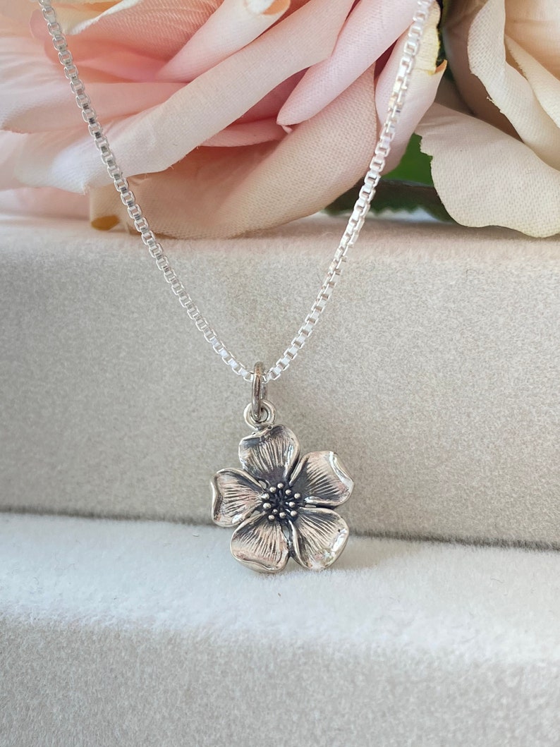 Sterling Silver Cherry Blossom Necklace. Blossom Jewelry, Gift for her, Cherry Jewelry, Waterproof Jewelry, Cherry Blossom, Heart Necklace. image 1