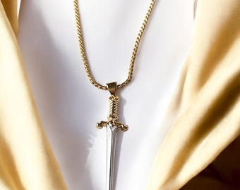 Two-Tone Sword Pendant Necklace: Gold Stainless Steel Chain, Medieval Gothic Jewelry