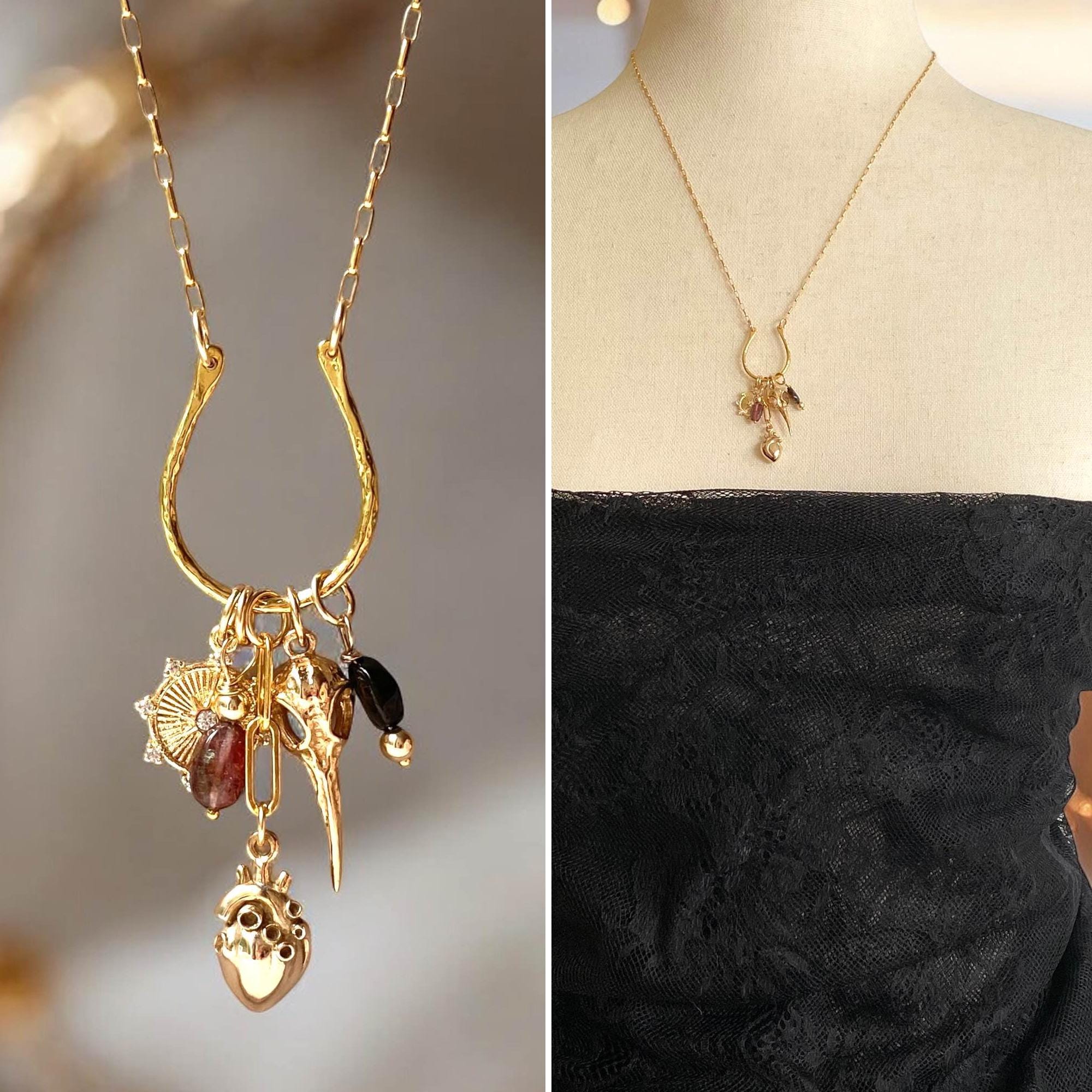 Gold Filled Gothic Charm Necklace: Bronze Heart & Hummingbird Skull, Tourmaline Gemstones
