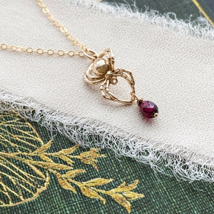 Gold Filled and Garnet Spider Necklace.Patience Jewelry, Spider Jewelry, Arachnid Jewelry, Dexterity Jewelry.