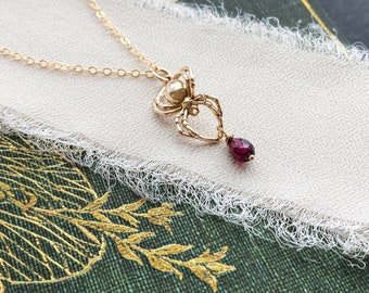 Gold Filled and Garnet Spider Necklace.Patience Jewelry, Spider Jewelry, Arachnid Jewelry, Dexterity Jewelry.