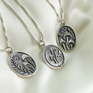 Sterling Silver Mushroom Necklace: Fungi Jewelry, Moon & Star Charm