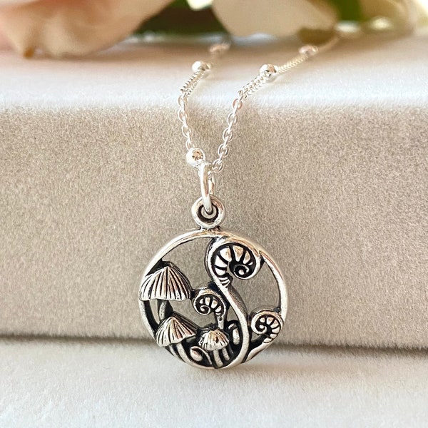 Sterling Silver Mushroom and Fiddlehead Ferns Necklace,Botanical Jewelry, Sterling Jewelry, Cottage Core Earrings, Gift for Mom, Fungi Charm