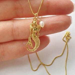 Gold Mermaid With Pearl Necklace. Mermaid Jewelry, Pearl Jewelry, Ocean Jewelry, Nautical Jewelry, Mermaid Talisman, Fairy Tale Jewelry