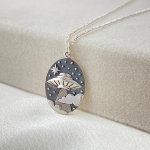 Sterling Silver UFO Necklace. Space Craft Necklace, Aliens Necklace, Saucer Necklace,Sterling Spaceship