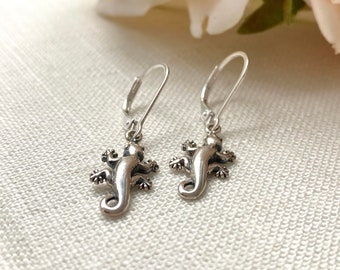 Sterling Silver Gecko Lever Back Earrings. Gecko Jewelry, Reptile Jewelry, Animal Lover Gift, Waterproof Jewelry