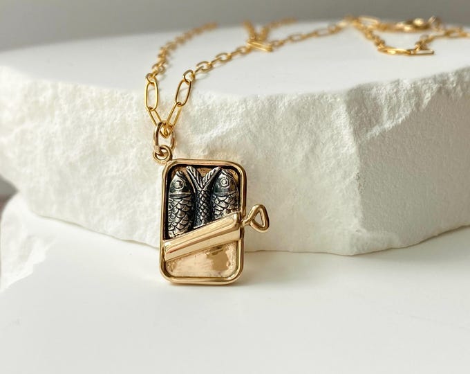 Gold and Sterling Silver Sardine Can Necklace: Gold-Filled Chain, Bronze Can