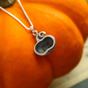 May include: A silver pumpkin charm necklace with a detailed design. The charm is hanging from a silver chain.