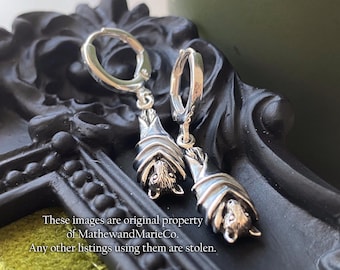 Sterling Silver or Gold  Bat Hoop Earrings: Gothic Halloween Jewelry