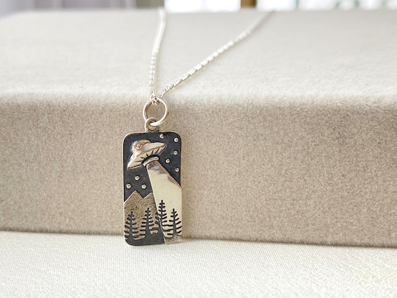 Sterling Silver Alien Abduction UFO Pendant With Bronze Moon, UFO Charm, Spaceship Charm, Outer Space Charm, Alien Charm - UK