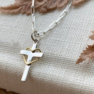 Sterling Silver Cross With Heart Necklace. Christmas Gift, Cross Jewelry, Faith Jewelry, Christian Jewelry, Religious Jewelry, CHAIN CHOICES