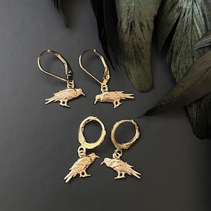 Gold Raven Earrings: Ear Wire Choices,Waterproof, Raven Jewelry, Gothic Jewelry, Raven Hoops, Norse Raven Jewelry, Yule Gift