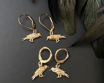 Gold Raven Drop Earrings: Bronze Bird Charms, Gothic Jewelry