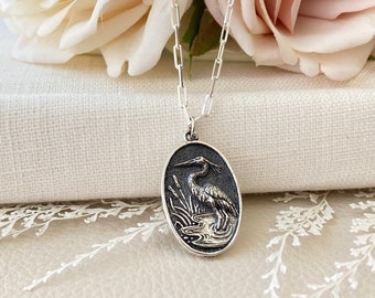 Sterling Silver Heron Necklace. Wildlife Jewelry, Blue Heron Jewelry, Birdwatcher Gift,Waterproof Jewelry, Coastal Jewelry, CHAIN CHOICES