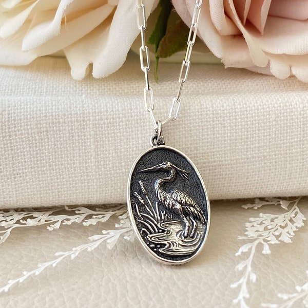 Sterling Silver Heron Necklace. Wildlife Jewelry, Blue Heron Jewelry, Birdwatcher Gift,Waterproof Jewelry, Coastal Jewelry, CHAIN CHOICES