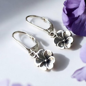 Sterling Silver Pansy Flower Leverback Earrings, Botanical Jewelry