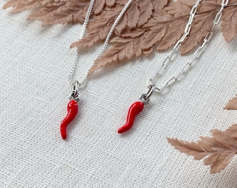 Sterling Silver Red Italian Horn Necklace: Enamel Cornicello, Good Luck Charm