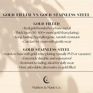 May include: A comparison chart titled "GOLD FILLED VS GOLD STAINLESS STEEL" with details on each type of metal. The chart lists the properties of gold-filled and gold stainless steel jewelry, including durability and appearance. The Mathew & Marie Co. logo is at the bottom.
