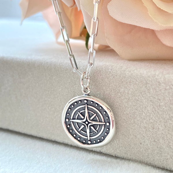 Sterling Silver Wax Coin Compass Necklace. Graduation Necklace, Independence Necklace, Compass Jewelry, Guidance Necklace