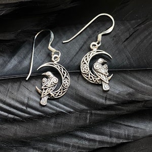 Sterling Silver Raven and Moon Earrings. Raven Jewelry, Moon Jewelry, Mystic Jewelry, Wiccan Jewelry, Crescent Jewelry, Creativity Jewelry