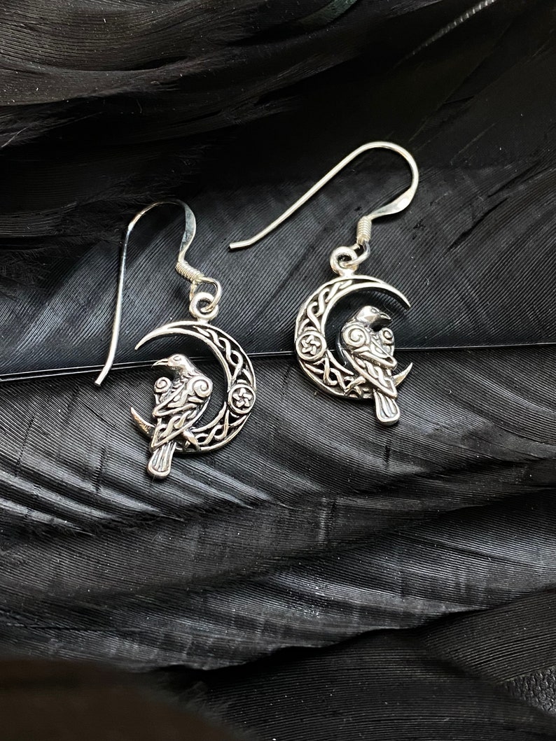 Sterling Silver Raven and Moon Earrings. Raven Jewelry, Moon Jewelry, Mystic Jewelry, Wiccan Jewelry, Crescent Jewelry, Creativity Jewelry image 1