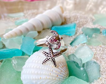 Sterling Silver Adjustable Baby Sea Turtle and Starfish Ring. Turtle Jewelry, Summer Jewelry, Beach Jewelry, Baby Sea Turtle Jewelry