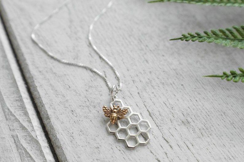 Tiny Sterling Silver Honeycomb Bee Necklace, Earrings or Set. Bee Jewelry, Silver Bee, Bee Charm, Honeycomb Jewlery Necklace Only