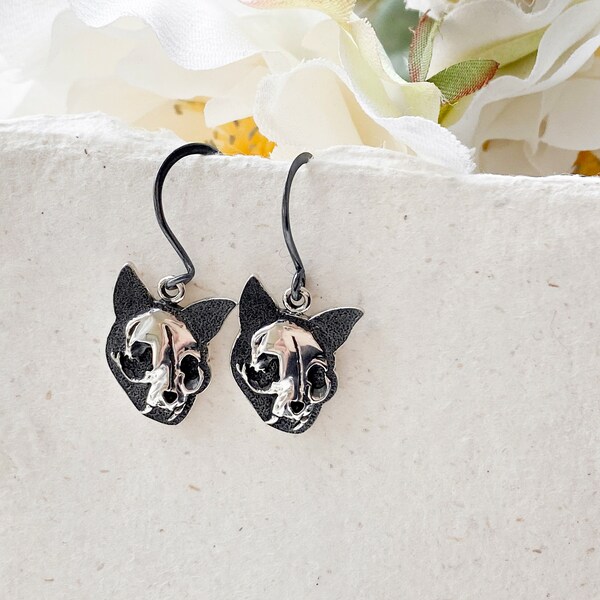 Sterling Silver Flat Cat Skull Earrings. Cat Jewelry, Skull Jewelry, Cottage Core Earrings, Goth Jewelry, Dark Academia Earrings