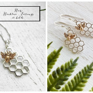 Tiny Sterling Silver Honeycomb Bee Necklace, Earrings or Set. Bee Jewelry, Silver Bee, Bee Charm, Honeycomb Jewlery