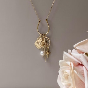 May include: A gold-colored necklace with a horseshoe-shaped pendant and multiple charms. Charms include a heart, a sword, a star, and a pearl. The necklace is displayed against a gray background with a soft pink rose in the corner.