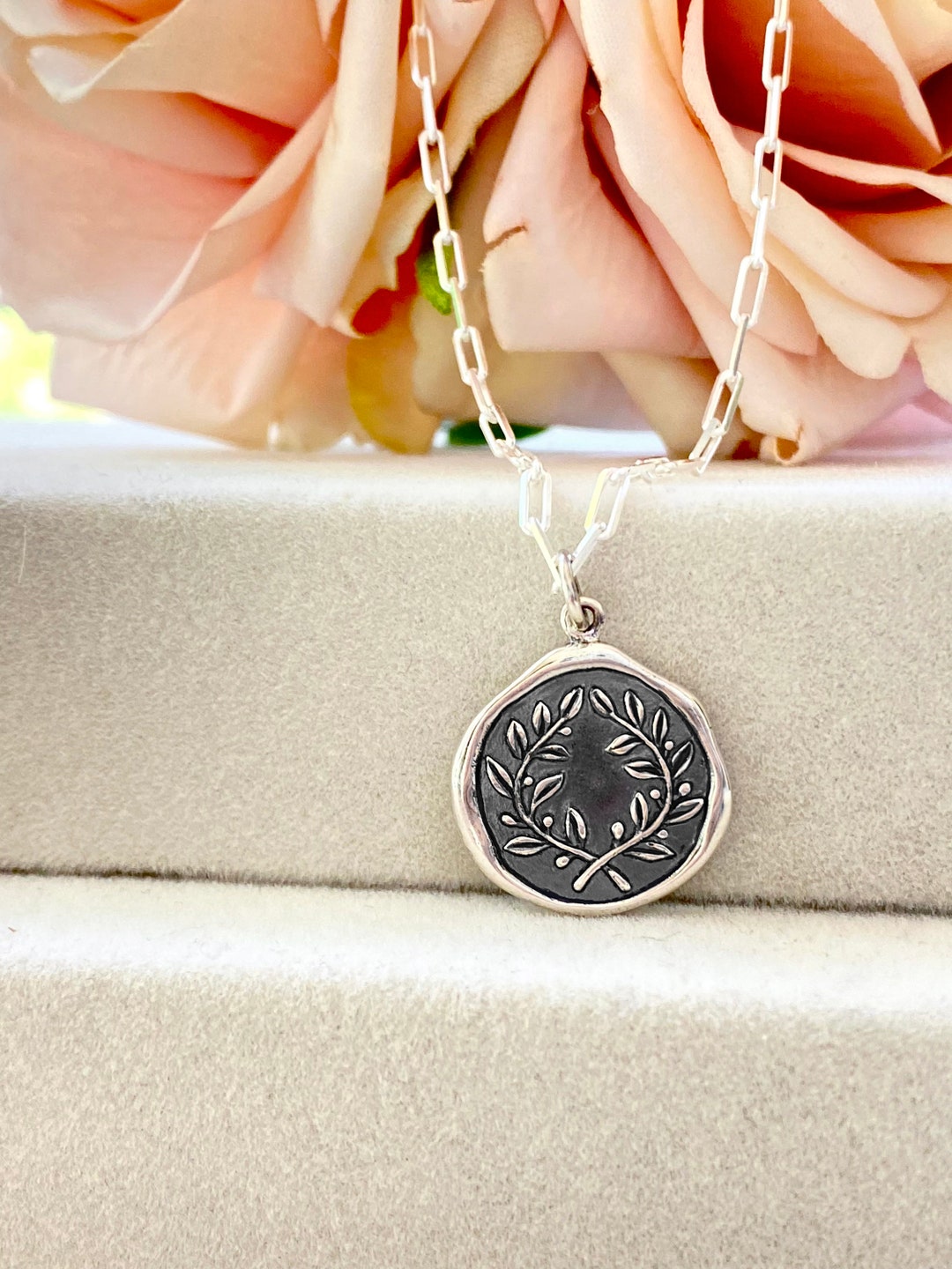 Sterling Silver Laurel Wreath Wax Seal Necklace. Graduation Jewelry